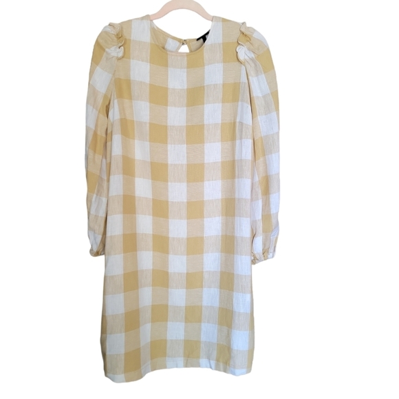 Who What Wear S Yellow Gingham Linen Blend Puff Sleeve Dress Boho Country Chic - Picture 2 of 12
